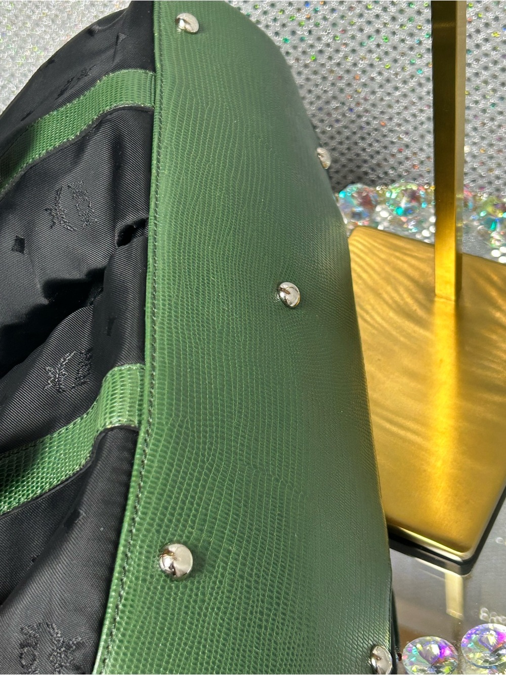 NUTS - MCM  Nylon Tote w/Green Leather Trim & Silver Plaque 14 x 10 x 5 w/COA - Picture 16 of 17